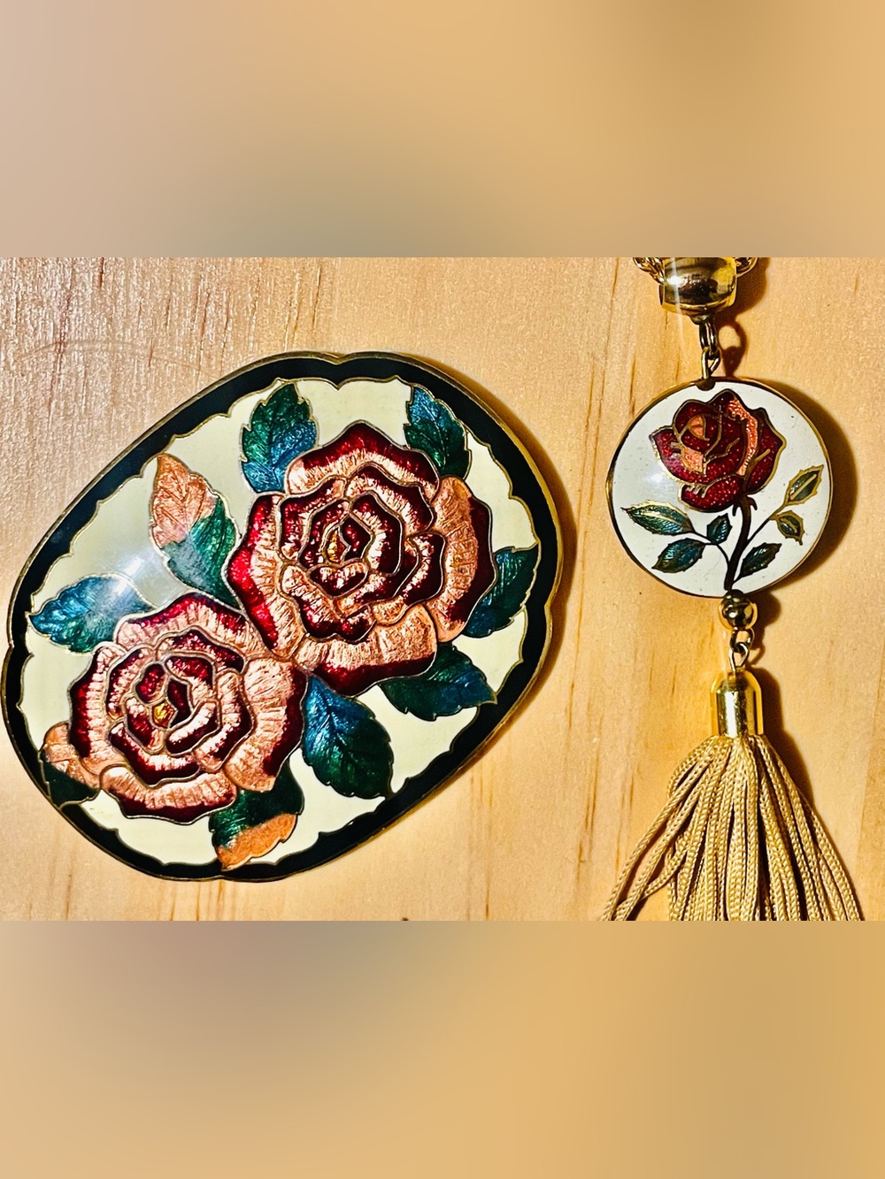 Vintage Cloisonné Enamel Jewelry Set-Oval Belt Buckle & Tassel Pendant Necklace